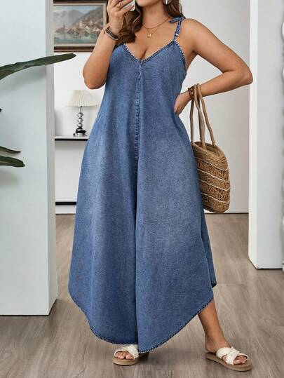 EMERY ROSE Plus Size Women's Casual Everyday Shoulder Tie Denim Jumpsuit,Women's Plus Size Denim Jumpsuit – V-Neck Tie Strap Wide Leg Summer Casual Outfits,Women's Plus Size Denim Jumpsuit Tie Strap Y2K Coquette Boho Style,Women's Elegant Denim Jumpsuit – V-Neck Tie Strap Vacation Style,Plus Size Women's Light Wash Denim Jumpsuit, Featuring Adjustable Tie Straps, A Deep V-Neckline, And A Flowy Wide Leg Silhouette With An Asymmetrical Hem. Soft Breathable Denim Fabric, Perfect For Summer Daily, Vacation, Boho & Casual Streetwear Looks, TieStrap, VNeck, WideLegDenim, SummerJumpsuit, Y2K, CoquetteStyle, BohoStyle