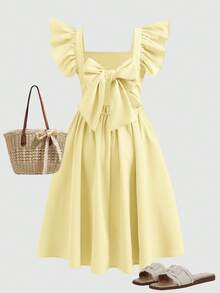 SHEIN Tween Girl Elegant Bowknot Decor Ruffle Trim Flutter Sleeve Dress - Yellow - View 3