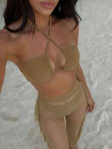 SHEIN Swim Summer Beach Solid Color Halter Backless Wire-Free Split Bikini Swimwear With Ruffled Elastic Waist Pants 3-Piece Set - Coffee Brown - View 4