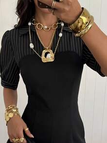 Firerie Bộ jumpsuit nữ thanh lịch, tối giản, phong cách công sở thành thị hiện đại, kẻ sọc, kiểu dáng 2 trong 1, tay ngắn, cạp cao, ống rộng, màu đen, thích hợp cho mùa xuân/hè. - màu đen - Xem 6