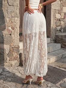 Firerie 女士优雅浪漫休闲时尚度假海滩通勤日常波西米亚音乐节蕾丝透视弹力腰抽绳宽松白色哈伦裤，春夏款 - 白色 - 查看 8