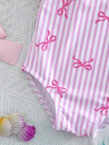 SHEIN Baju Renang Terusan Bayi Baru Lahir Motif Garis-garis dengan Pita untuk Liburan di Pantai - Berwarna merah muda - View 3