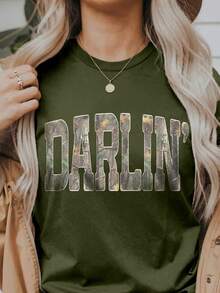 EMERY ROSE 美国复古迷彩“DARLIN'”字母印花休闲加大码T恤 - 橄欖綠 - View 3