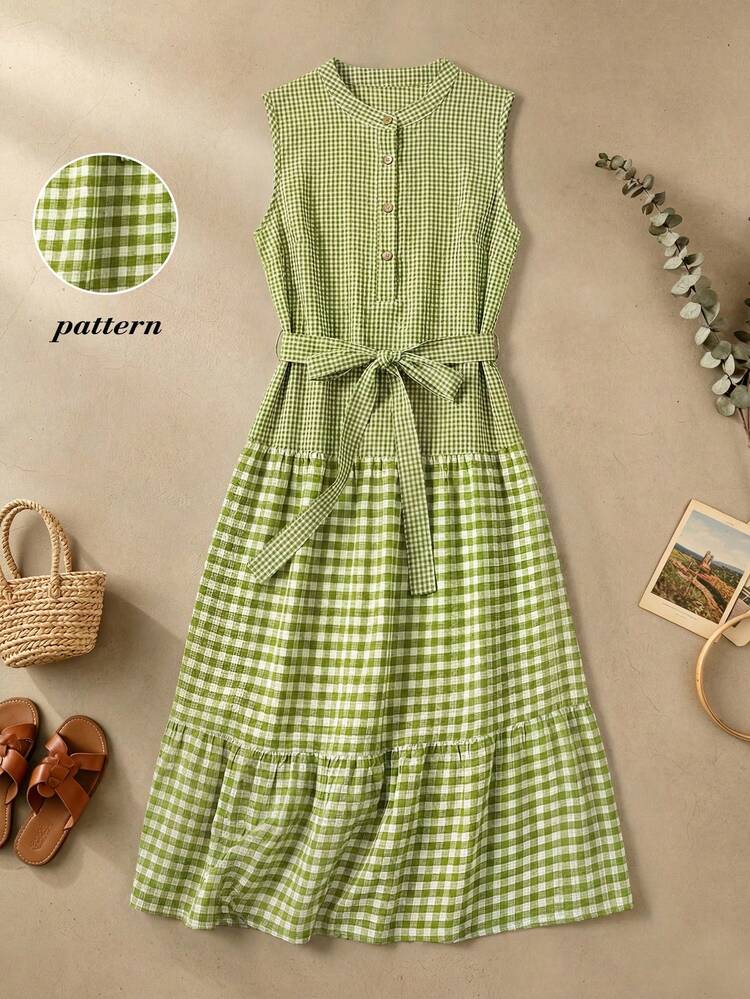 Rusticease Vestido largo de mujer con patchwork a cuadros verdes - Verde - Añade 3