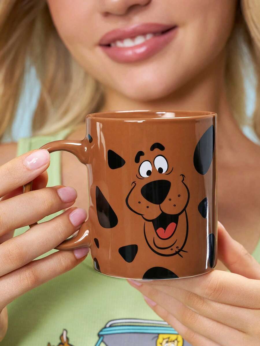 SCOOBY-DOO X SHEIN 1 chiếc cốc sứ in hình hoạt hình 300ml, dùng được trong lò vi sóng và máy rửa chén, thích hợp đựng nước, sữa, nước ép, cà phê, trà, hình Cooby-Doo và chú chó. - Cà phê nâu - Xem 1
