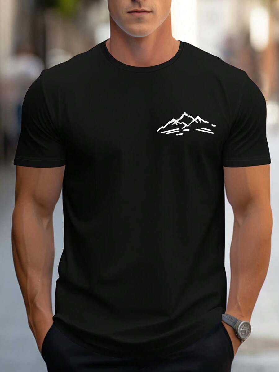 Manfinity Dauomo Kaos Pria Lengan Pendek Kasual Motif Gunung Warna Hitam, Cocok untuk Liburan Musim Panas dan Perjalanan Sehari-hari - MultiWarna - View 1