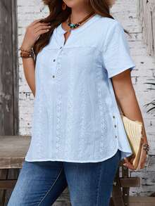 EMERY ROSE Plus Size Women Floral Embroidery Pattern Casual Versatile Daily Wear Shirt - Baby Blue - View 5