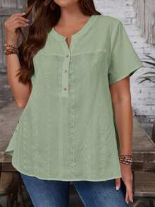 EMERY ROSE Plus Size Women Casual Commuting Mesh Embroidered Short Sleeve Blouse - Green - View 6