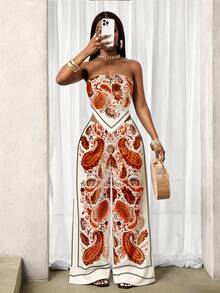 SHEIN BamGlam Bộ đồ 2 mảnh gồm áo croptop không dây in họa tiết Paisley phong cách Bohemian với vạt áo bất đối xứng và quần ống rộng cạp chun, thích hợp cho đi biển, nghỉ lễ và mặc hàng ngày, mùa xuân/hè. - Nhiều màu - Xem 6