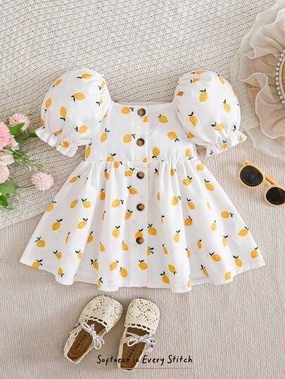 Cozy Pixies Vestido de verano con mangas abullonadas y estampado floral ditsy para niñas bebé, atuendo casual versátil para vacaciones, fotografía, campamento, compras, viajes