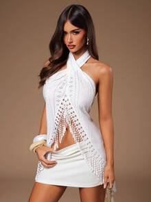 Radiana 女士性感独特白色露背流苏上衣，白色衬衫，度假装，波西米亚风上衣 - 白色 - 查看 3