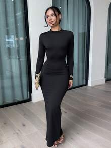leahseptember Black Backless Long-Sleeved Dress Figure Flattering Bodycon Dress Vacation Outfits Sexy Celebration Valentine's Date Night Wedding Guest Chic Going Out Beach Outfit Carnival Costume Elegant Dresses Valentine's Day Carnival Costume Party - Black - View 2