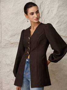 Modelyn Blusa elegante de mujer con mangas de farol, unicolor, decoración de botón metálico y cintura - Café integral - Ver 8