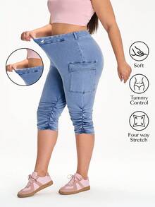 Flexra Plus Size Knitted Denim Cargo Capri Pants - Blue - View 1