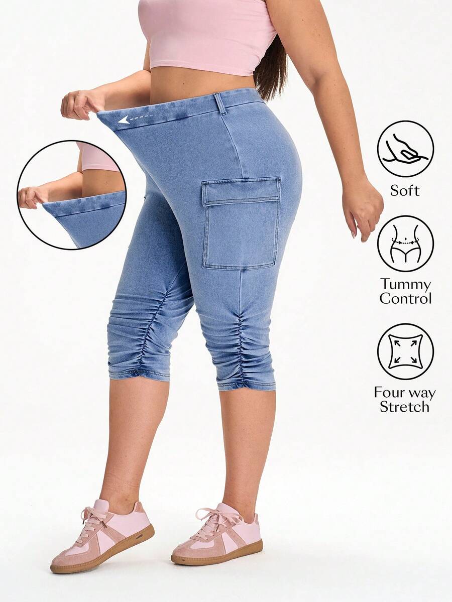 Flexra Plus Size Knitted Denim Cargo Capri Pants - Blue - View 1