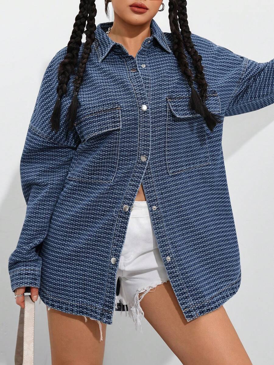 SHEIN LUNE 女士纯色简约休闲长袖牛仔外套 - 藍色 - 查看 1