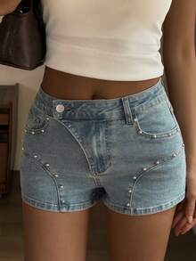 Livesso Quần short denim nữ thiết kế đinh tán với chi tiết eo, chất liệu cotton, màu xanh dương, thích hợp cho mùa hè. - Màu xanh lam - Xem 7