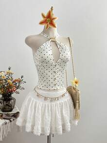 Elamini 女士法式夏季露背吊带无袖上衣，波点缎面面料，适合通勤和日常穿着 - 香檳色 - 查看 5