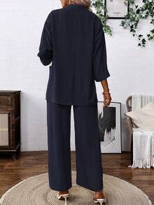 SHEIN Holidaya Conjunto de blazer y pantalones de estilo casual con sensación de lino - azul real - Ver 2