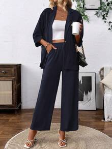 SHEIN Holidaya Conjunto de blazer y pantalones de estilo casual con sensación de lino - azul real - Ver 7