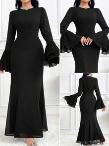 Modelyn Women Solid Color Crew Neck Long Sleeve Casual Long Dress Long Evening Dresses - Black - View 2