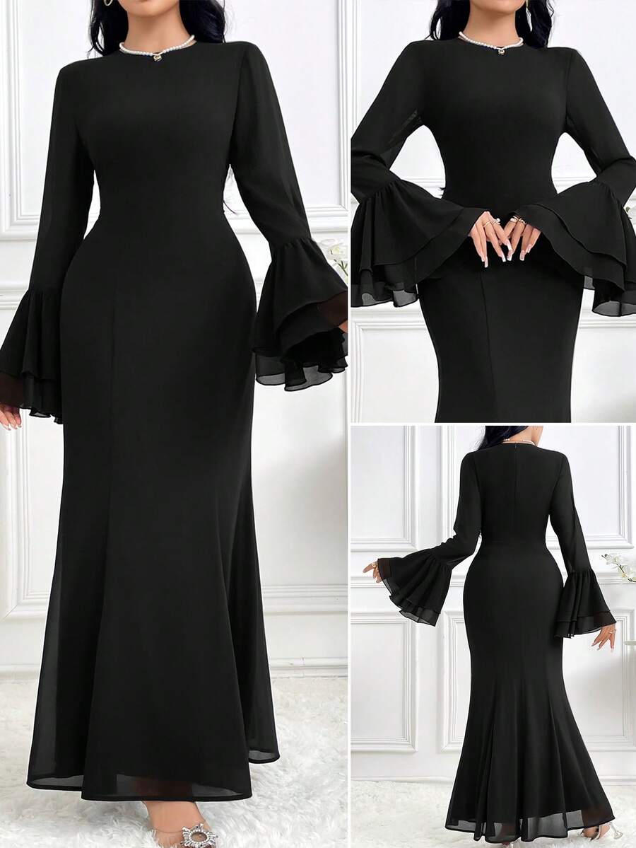 Modelyn Women Solid Color Crew Neck Long Sleeve Casual Long Dress Long Evening Dresses