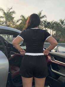Muchica 2件套加大码女式休闲撞色短袖T恤和短裤 - 黑與白 - 查看 3
