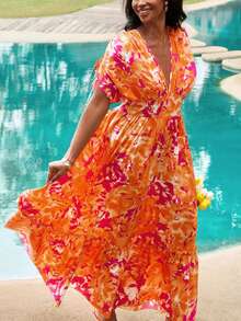 Reflora Vestido plus size de verão com decote em V profundo, cintura marcada, mangas morcego e estampa por toda a peça. - Multicolorido - Ver 6