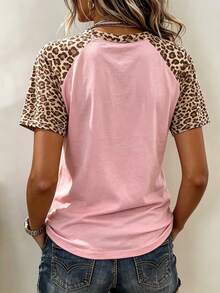 SHEIN LUNE Women's Round Neck Leopard Print Patchwork Casual Versatile Daily Wear Short Sleeve T-Shirt - Multicolor - View 2