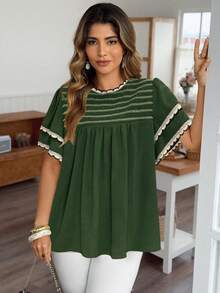Vionelle Plus Size Elegant Bohemian Style Double-Layer Ruffle Trim Patchwork Casual Blouse - Army Green - View 3