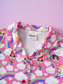 THE POWERPUFF GIRLS X SHEIN 女童可爱卡通印花短袖衬衫短裤睡衣套装，夏季舒适 - 粉色 - 查看 3