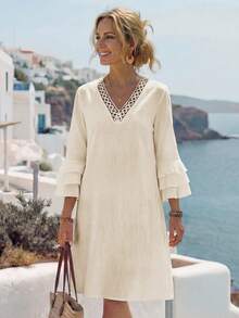 EMERY ROSE Women's Solid V-Neck Casual Vacation 3/4 Sleeve Short Dress - Khaki - View 1