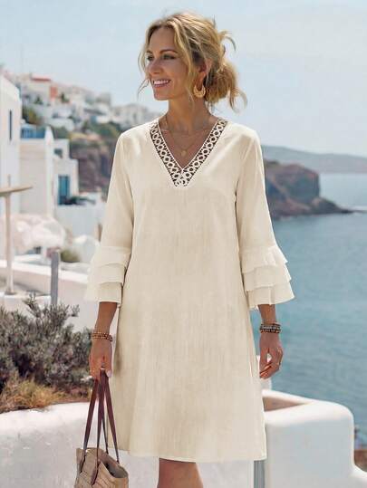 EMERY ROSE Vestido corto casual de vacaciones de mujer con cuello en V y manga 3/4