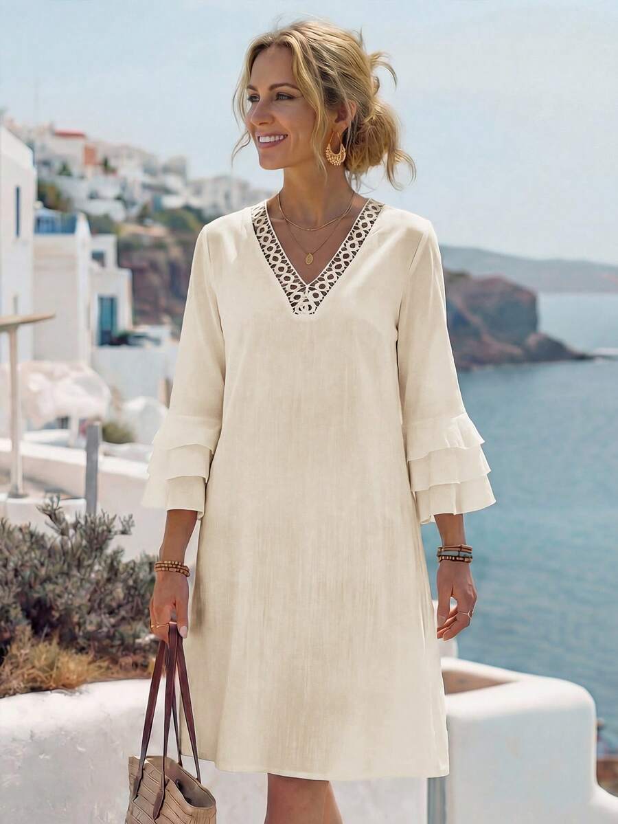 EMERY ROSE Women's Solid V-Neck Casual Vacation 3/4 Sleeve Short Dress - Khaki - View 1