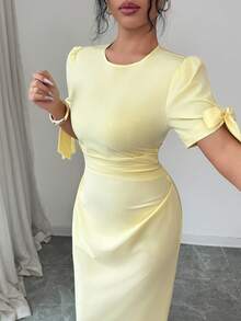 SHEIN Tall 純色圓領落肩腰部百褶優雅長款夏季黃色洋裝，適合高個女性 - 鵝黃色 - 查看 7