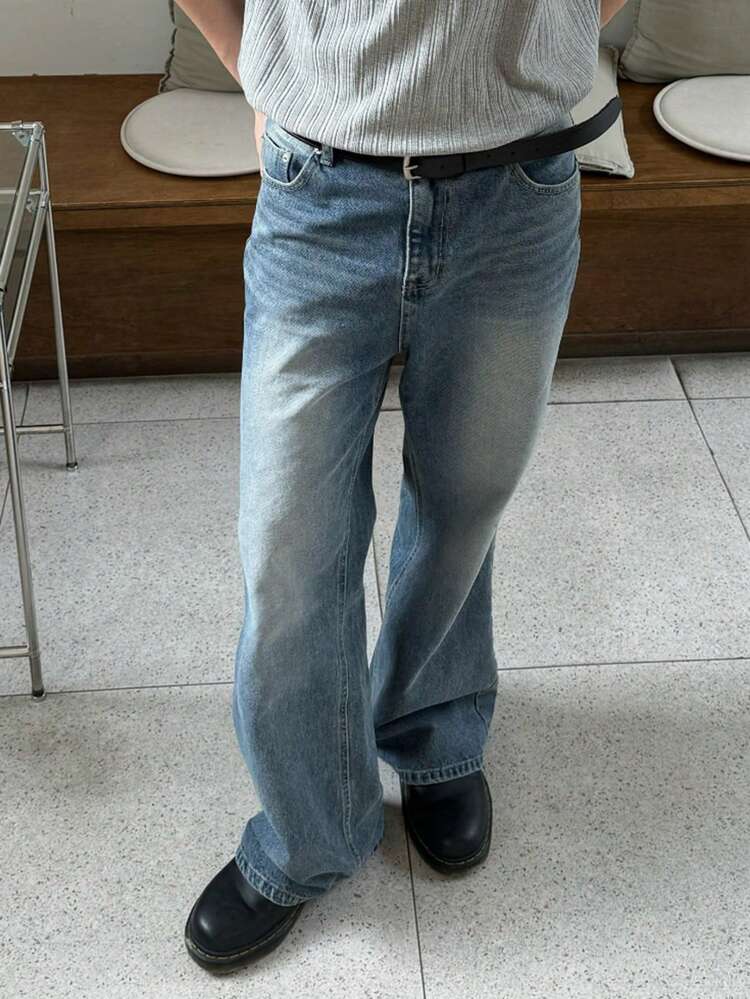 Long Blue Washed Vintage Straight Leg Men's Jeans