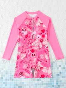 SHEIN Tween Girls One-Piece Swimsuit,Pink,Summer,Cute,Beach,Holiday Tropical Floral Print Long Sleeve Sun Protection Zipper Design Jumpsuit For Vacation - Watermelon Pink - View 5
