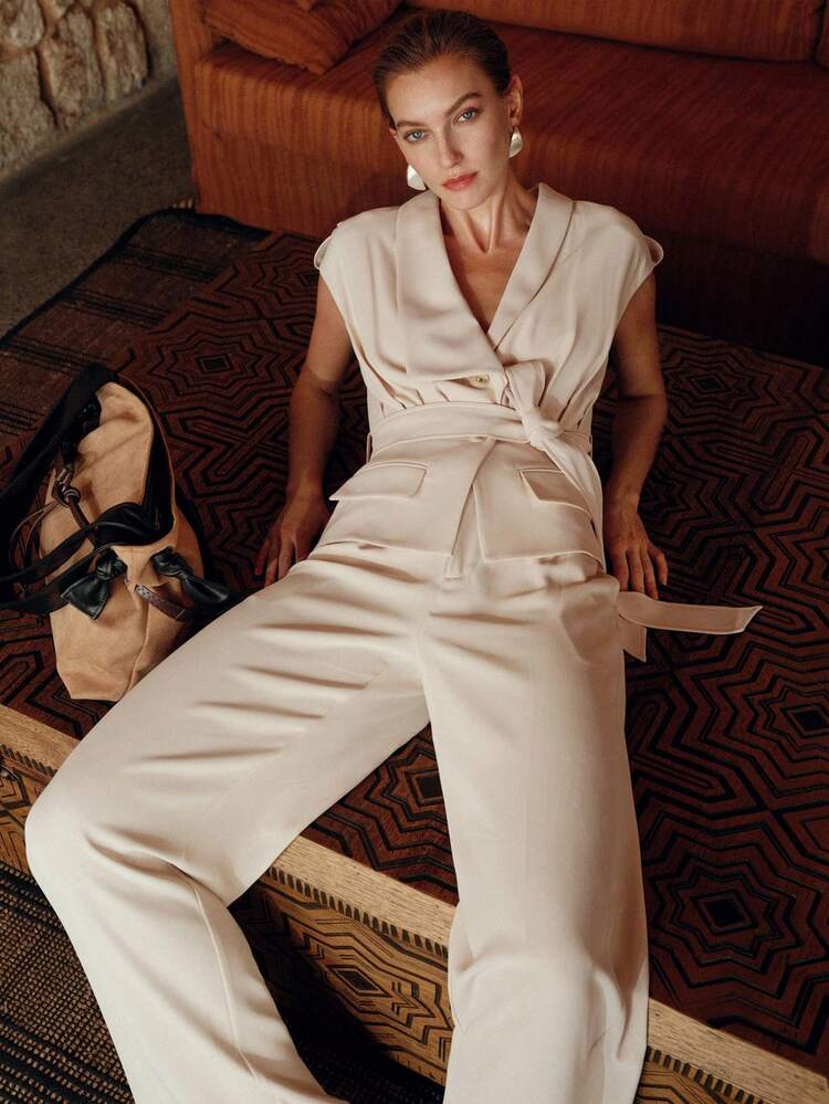 WOMEN 2 PIECES SET BELTED JACKET AND LONG PANTS