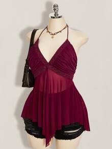 SHEIN ICON 大码不对称网纱拼接露背吊带背心（女款） - 紫色 - 查看 4