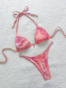 Soleia Set Bikini Halter Motif Bunga untuk Liburan Musim Panas Wanita, Baju Renang Pantai - Berwarna merah muda - View 2