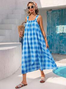 Vivid Eden Spring/Summer Casual Vacation Square Neck Backless Tie Dual-Color Plaid Print A-Line Slip Dress For Women - Blue - View 4