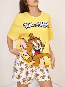TOM & JERRY X SHEIN 女士圆领卡通字母印花短袖上衣和短裤休闲家居服套装 - 黃色 - 查看 4