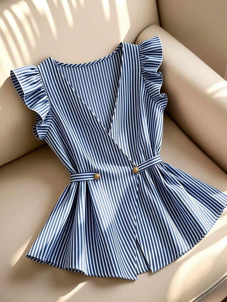 Franclia Elegant Striped Ruffle Sleeve Shirt, Suitable For Casual, Vacation, Beach, Commute - Multicolor - View 1