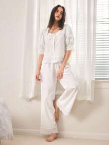 Ocili 女士纯色圆领荷叶边短袖休闲家居服套装，夏季 - 白色 - 查看 6