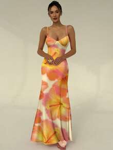 Aloruh Summer Vacation Spaghetti Strap Tie-Up Bodycon Orange Hibiscus Print Dress, Suitable For Beach, Music Festival,Summer Dresses Women - Multicolor - View 5