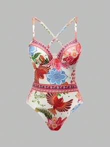 Swim Oasis 女士夏季沙滩度假鹦鹉印花交叉露背连体泳衣和裹身系带纱笼裙套装 - 彩色 - 查看 4