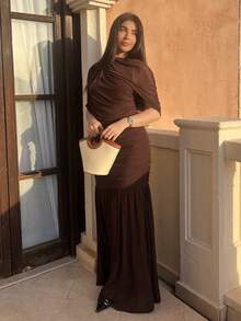 Hitanina Elegant Ruched Skirt Bodycon Dress, Suitable For Cocktail Party, Romantic Date, Autumn/Winter Layering, Party, Formal Gathering, Christmas,Winter Dresses For Women,New Year Dress,Elegant Dresses For Party,Dresses For Women Elegant,New Year Dress ,Elegant Party Dresses - Brown - View 3