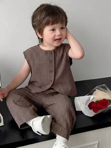 DAZY 男嬰圓領無袖前開扣條紋休閒寬鬆襯衫套裝 幼兒 - 咖啡棕 - 查看 1