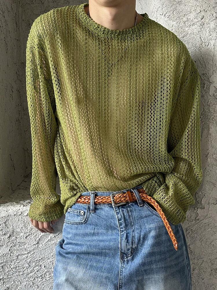 Men's Plain Green Textural Fabric T-Shirt, Summer Long Sleeve Men Shirt, Fall