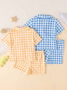 Dozemod Kids Baby Boy Cute Light Blue Plaid Pattern Simple Solid Color Lapel Button Short Sleeve Shorts Loose Comfortable 4-Piece Pajama Set - MultiWarna - View 2